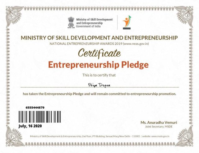 Ministry of Skill Development and Entrepreneurship Certificate