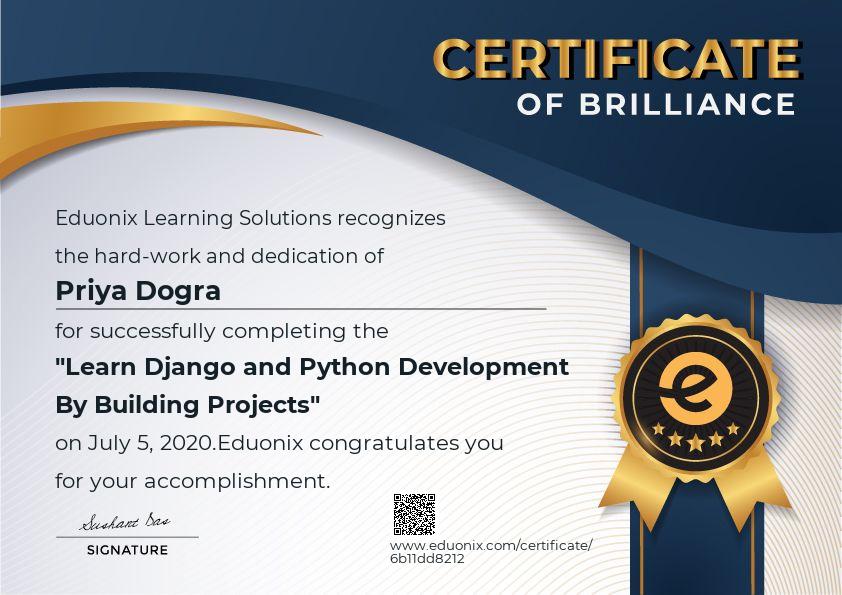 Learn Django and Python Development By Building Projects Certificate