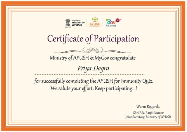 AYUSH For Immunity Quiz Certificate Answers
