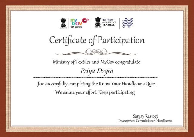 Know Your Handlooms Quiz Certificate - Ministry of Textiles Govt of India Certificate