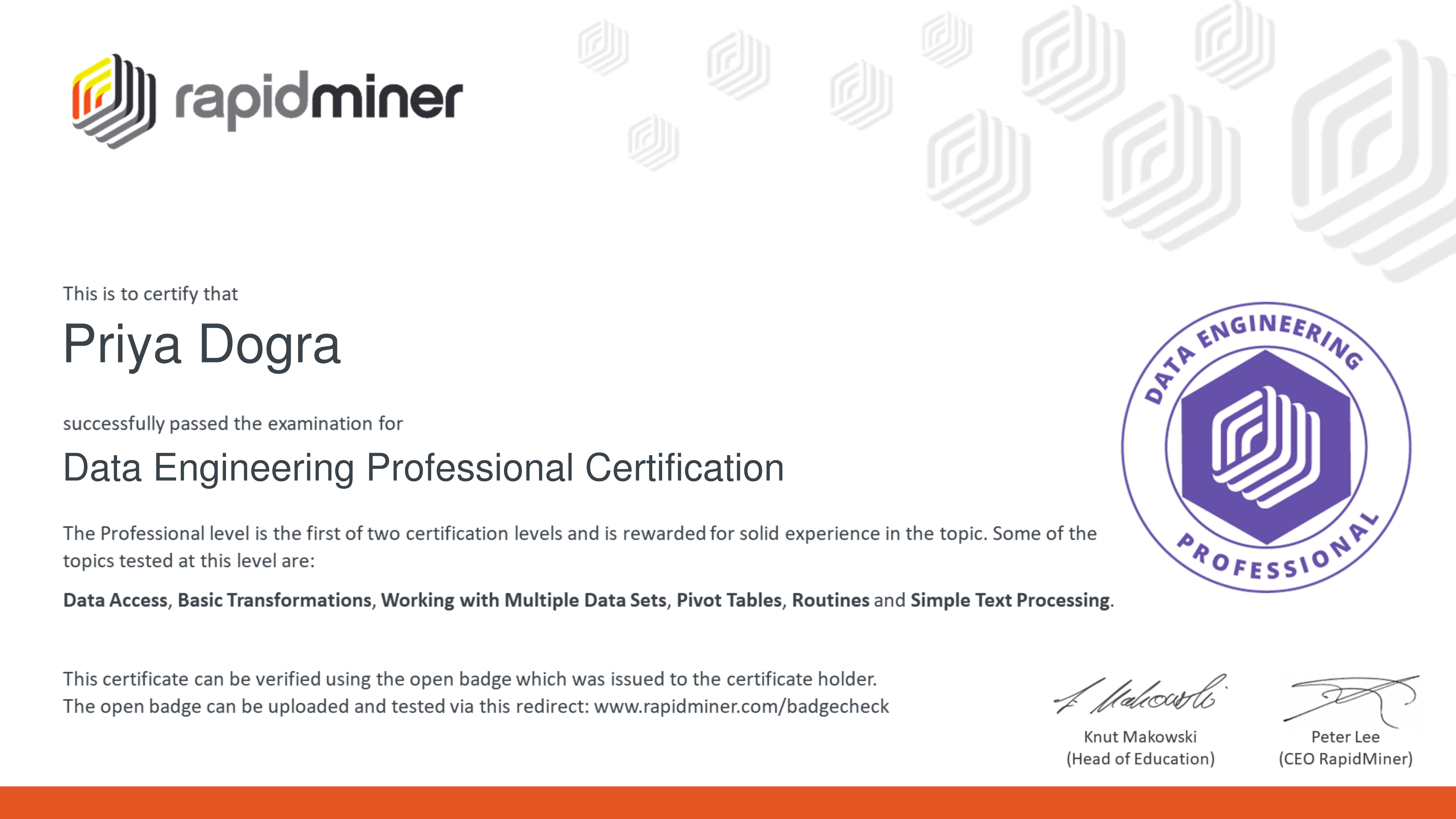 Data Engineering Professional Certification