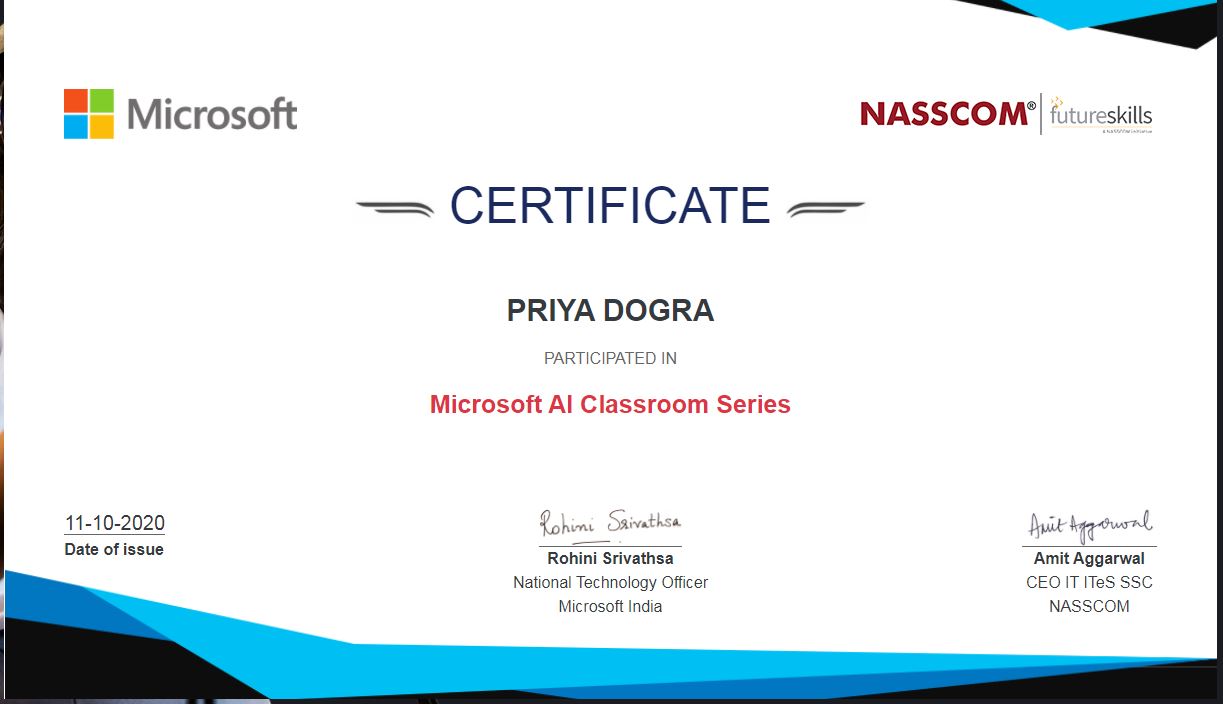 Microsoft Nasscom Certified AI Classroom Series Workshop Certificate