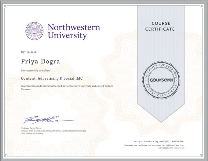 Social Media Marketing Specialization Certification by Northwestern