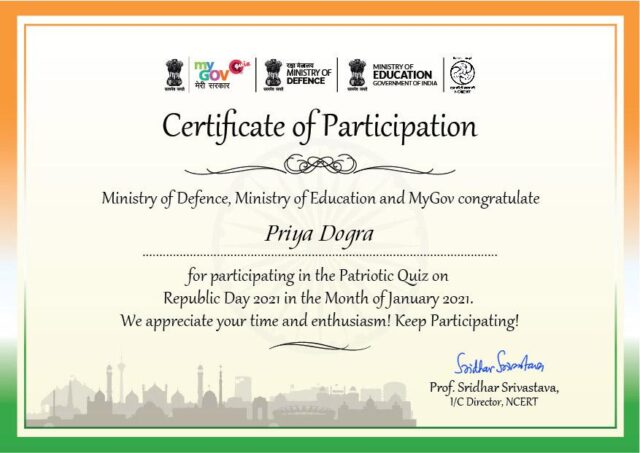 Free Govt Certificate of Patriotic Quiz on Republic Day by Ministry of Education and Ministry of Defence | My Gov