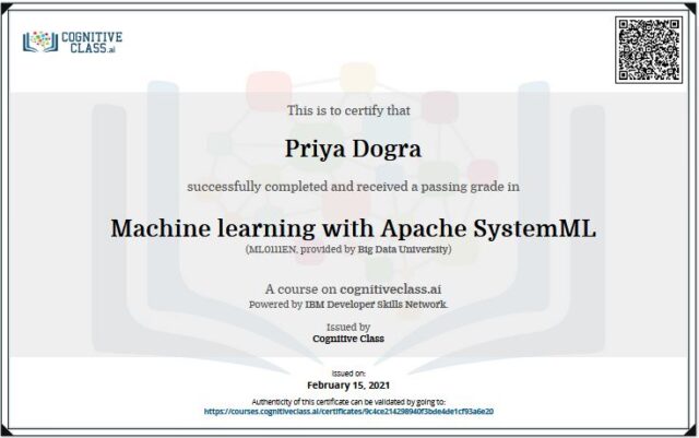 Machine learning with Apache SystemML Cognitive class answers certification