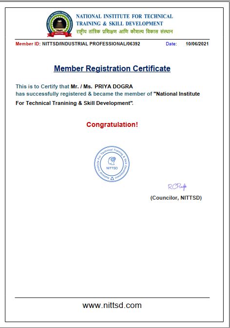 National Institute of Technical Training and Skill Development Membership Certificate