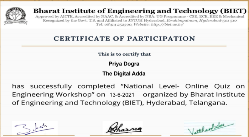 Bharat Institute of Engineering and Technology Certificate