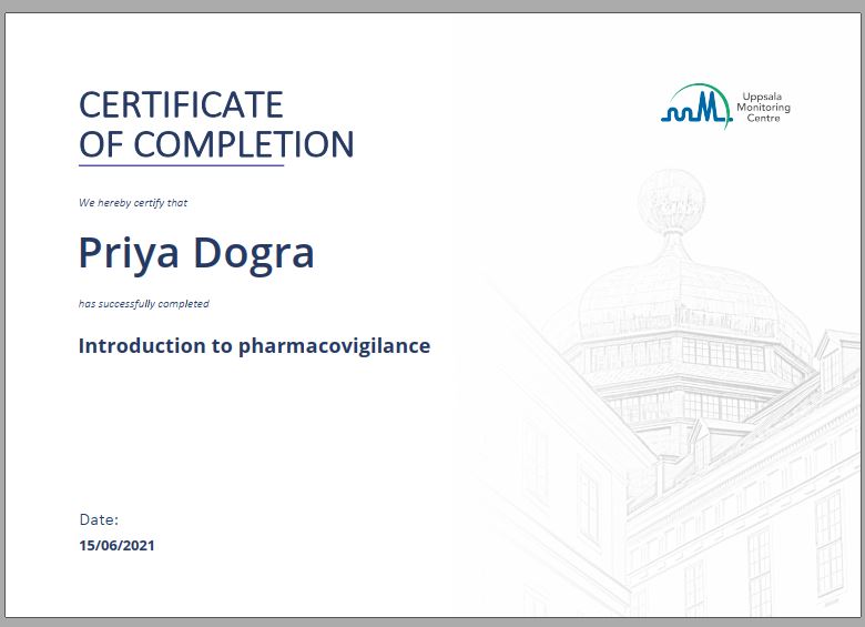 Pharmacovigilance Certificate by Uppsala Monitoring Center