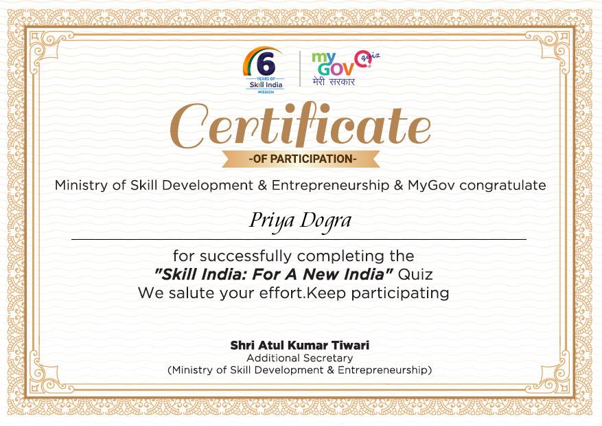 Skill India: For A New India Quiz Certification