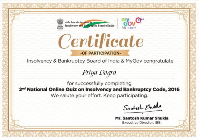 2nd National Online Quiz on Insolvency and Bankruptcy Code 2016 certificate