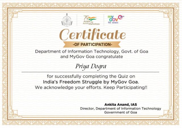 Quiz on India’s Freedom Struggle certificate