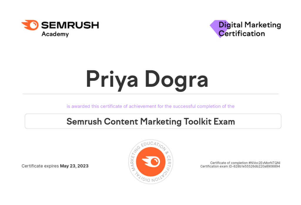 Semrush Content Marketing Toolkit Certification Exam Answers - Priya Dogra