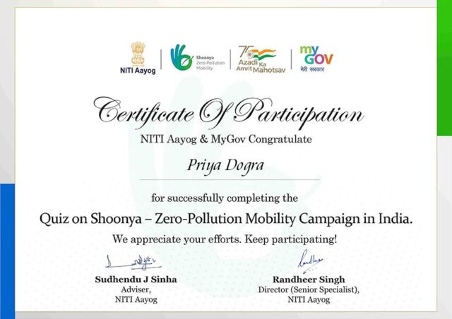Quiz certificate on Shoonya–Zero-Pollution Mobility Campaign in India
