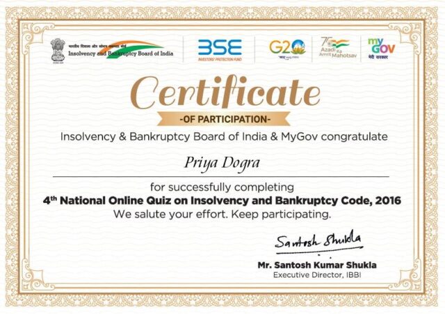 4th National Online Quiz Certificateon Insolvency and Bankruptcy Code, 2016