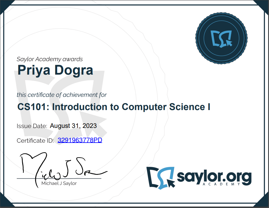 CS101: Introduction to Computer Science 1 Exam Answers - Priya Dogra