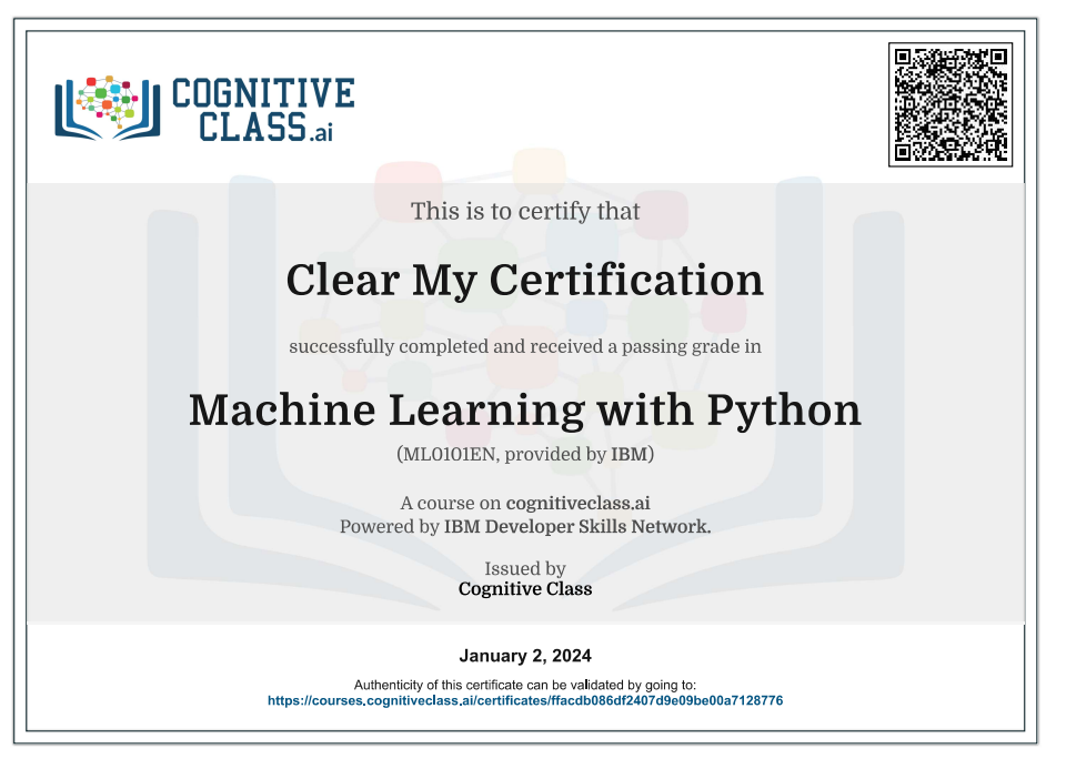 Machine Learning with Python Cognitive Class Exam Quiz Answers