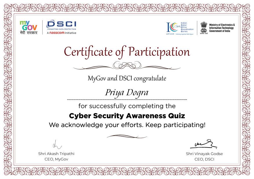 Cyber Security Awareness Quiz | Government Quiz Certificate